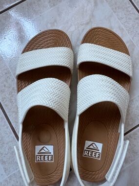 Reef White and Tan Double-Strap Slide Sandals